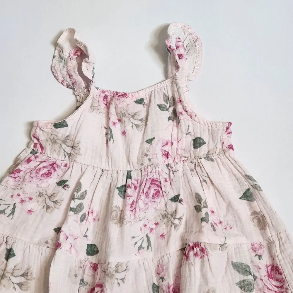 Juicy Couture Pink Rose Floral Cotton Gauze Tiered Dress Girls 3T Cottagecore